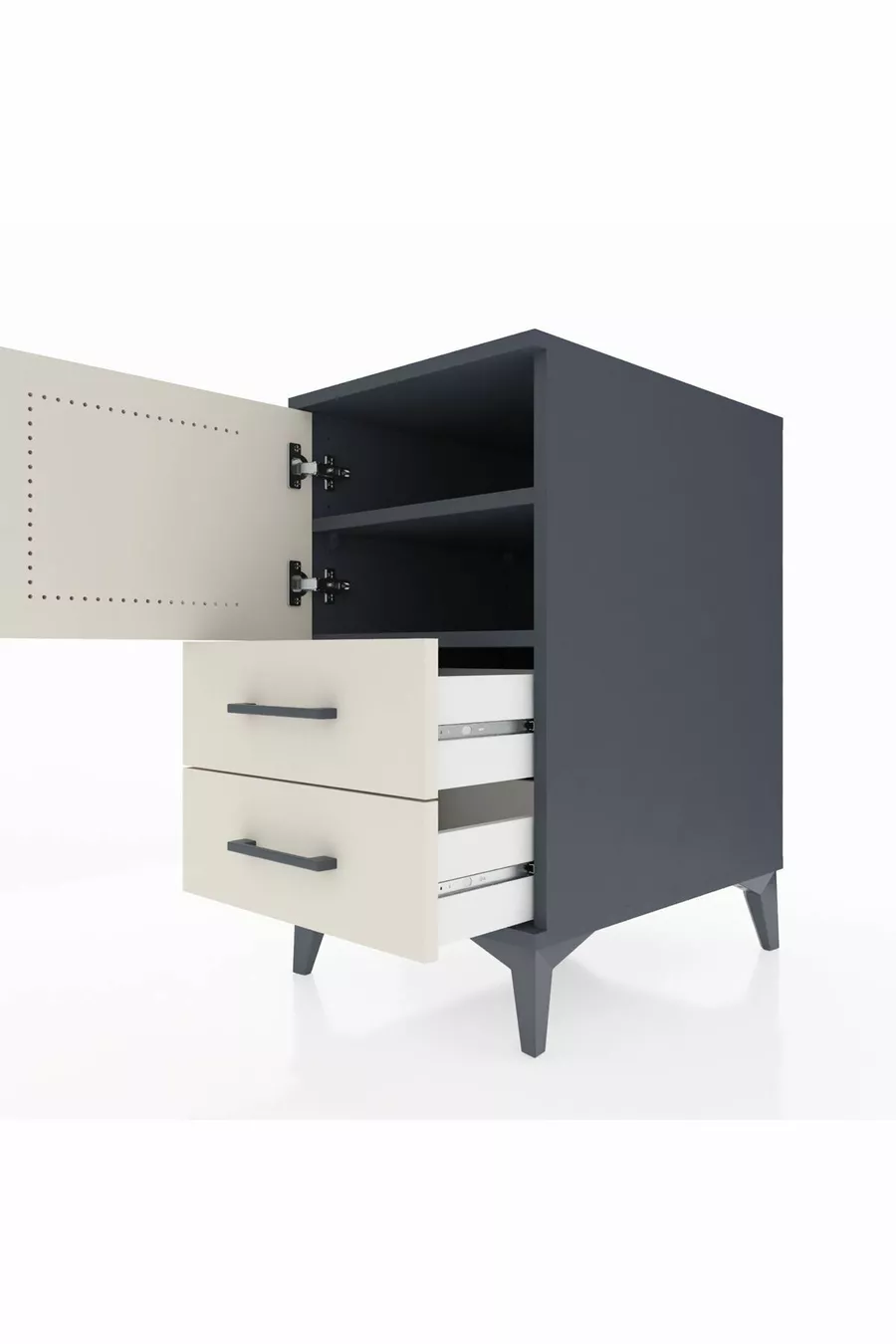 Table de chevet Kronos avec 2 étagères, 2 tiroirs et 1 porte, Anthracite-Pierre de lune