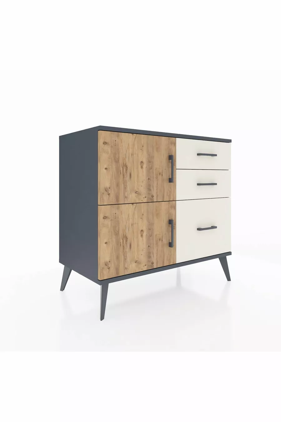 Commode Hyperion à une étagère, 3 tiroirs et 2 portes Anthracite-Sapin/Pierre de lune