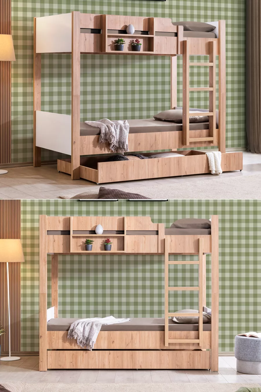 Bunk Bed, Asia with Separate Baby Bunk, Walnut - White