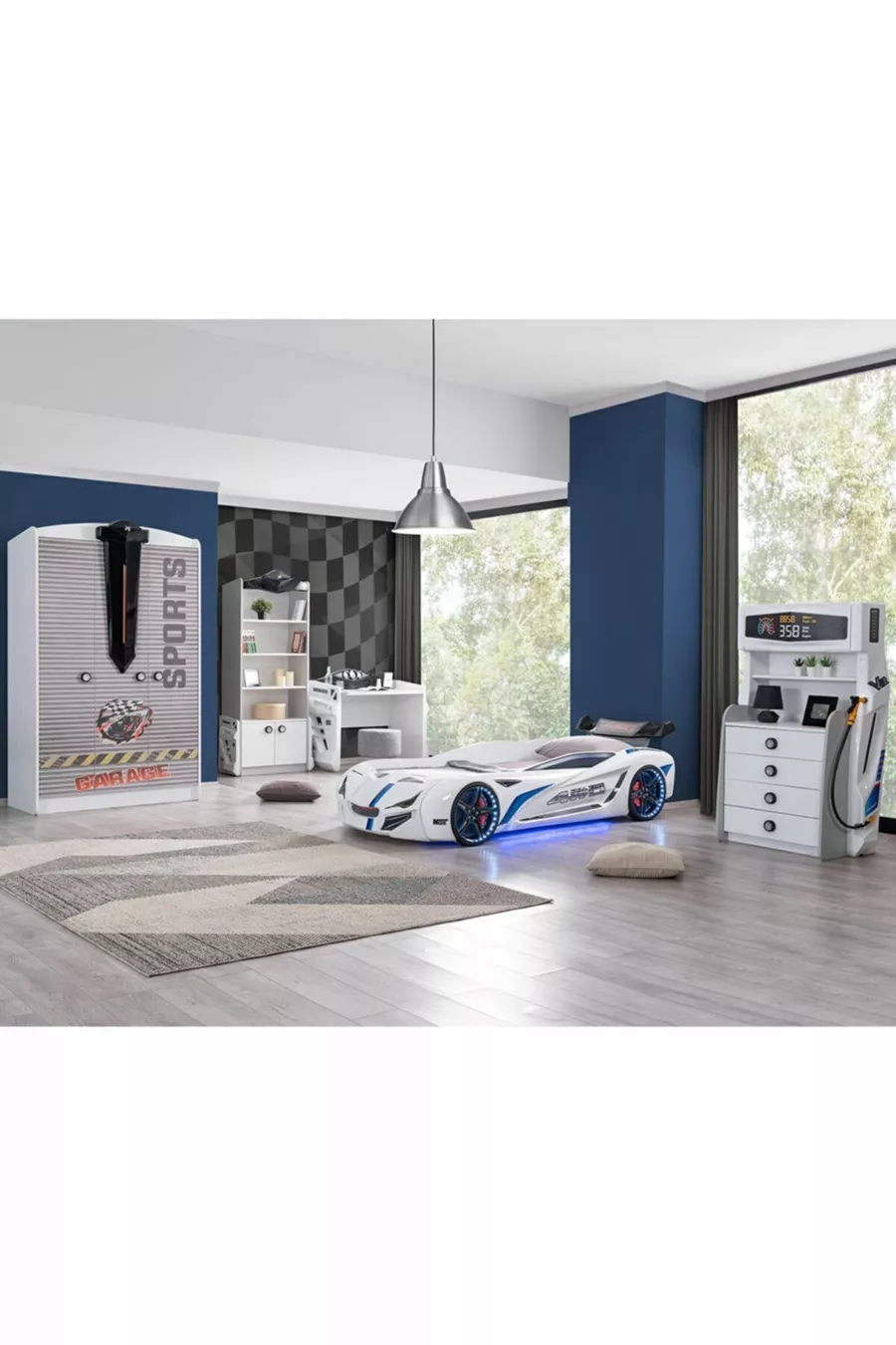 Chambre d'enfant - Lit avec voiture Mercedes, Armoire 3 portes Sports, Bureau, Commode, Bibliothèque - Blanc