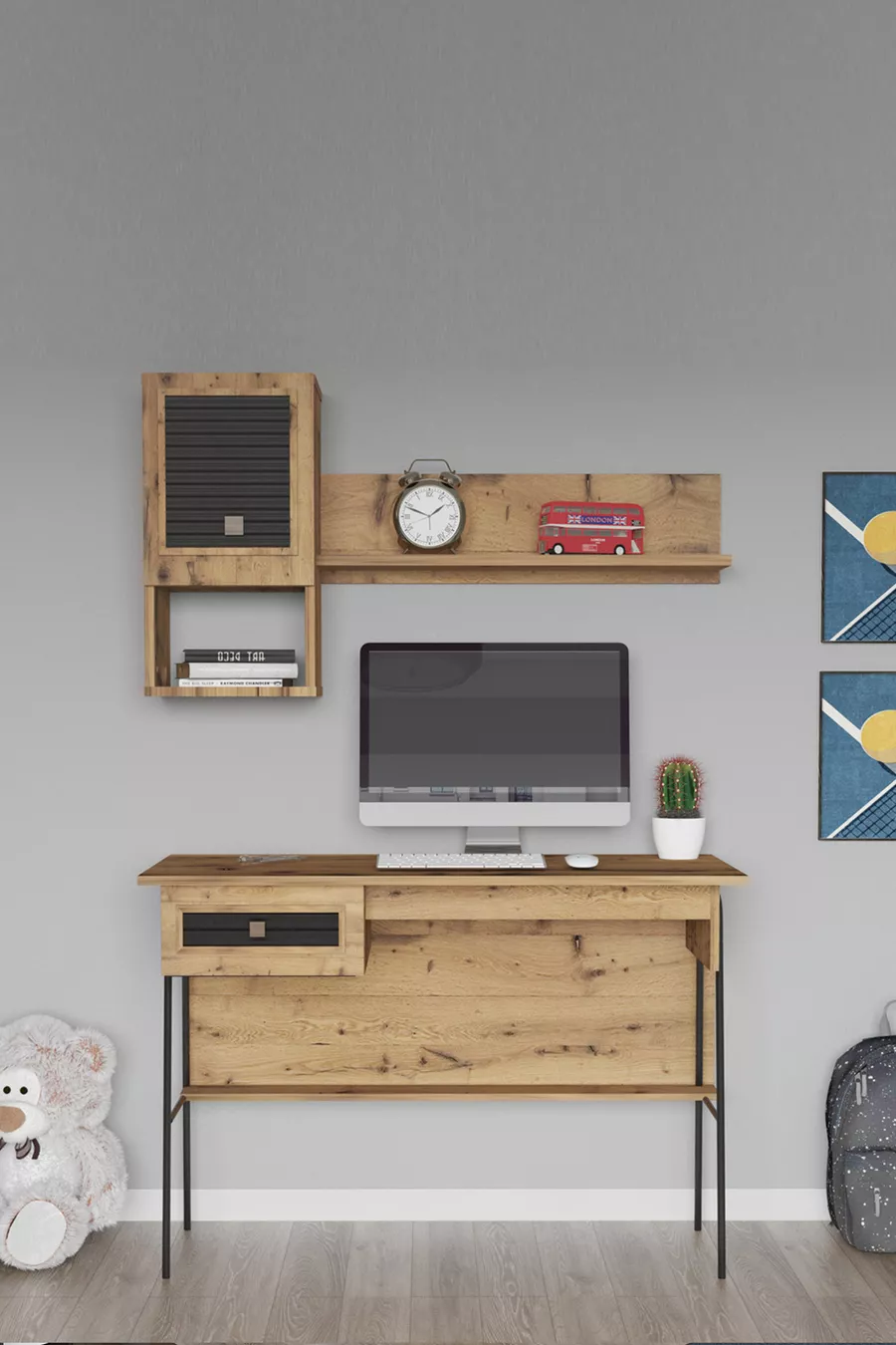 Ensemble de chambre d'enfant Arya : lit + tête de lit & armoire & bureau & étagère murale - Pin Atlantique