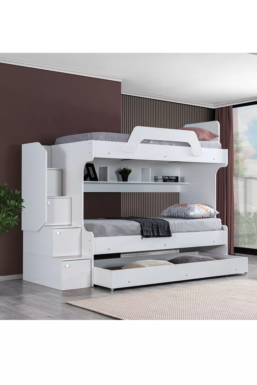 Lits superposés, Lit superposé avec nid d'ange en perle blanc, Lit superposé avec nid d'ange - 3 matelas confort