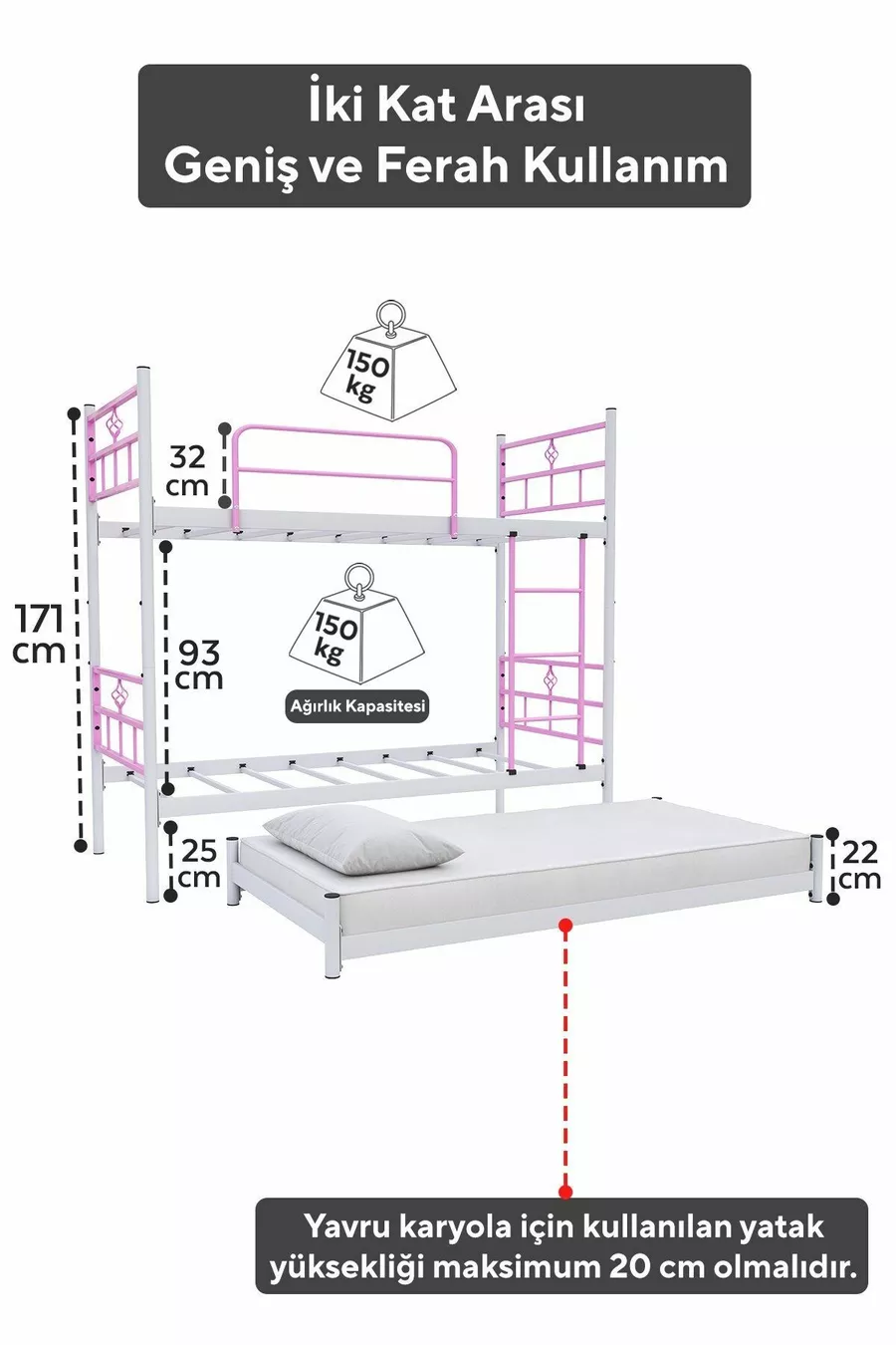 Koza Etagenbett mit Gästebett, geeignet für 3 Personen, Hellrosa Metallbett