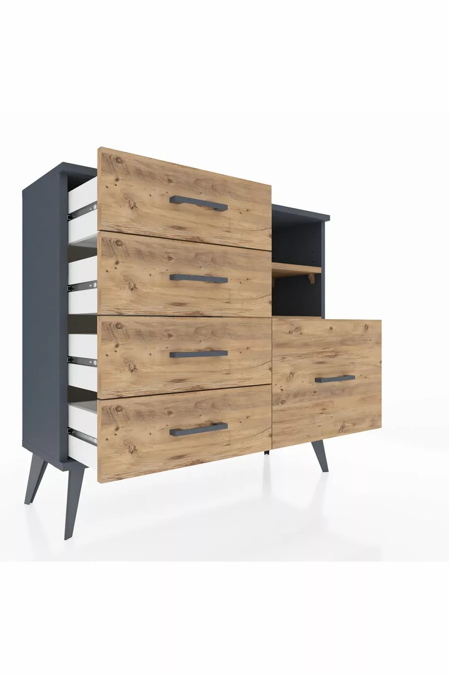 Commode Arges 2 étagères 5 tiroirs Anthracite-Pin