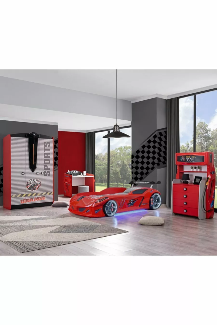Cameretta per Bambini - Letto a Carrozza Jaguar con Paravento - Armadio Sportivo a 3 Ante, Scrivania, Comò - Rosso