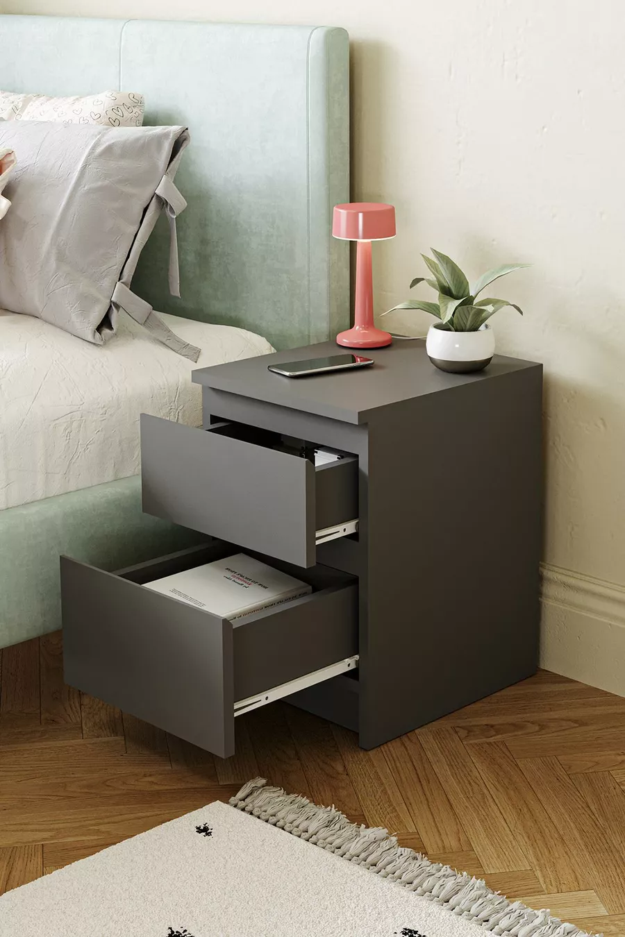 Derinkuyu 2-Drawer Nightstand for Bedroom, Baby Room, Youth Room, Anthracite