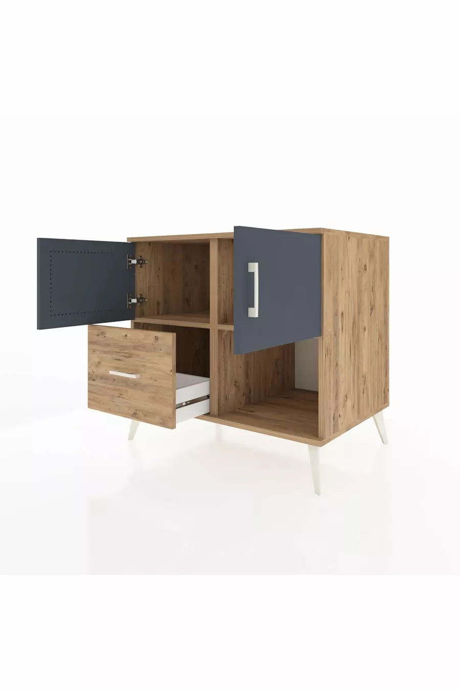 Commode Kronos avec 2 étagères, 1 tiroir et 2 portes, Pin-Anthracite/Pin