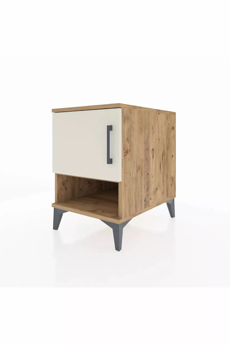 Table de chevet Kronos à 2 étagères avec 1 porte, pin-pierre d'onyx