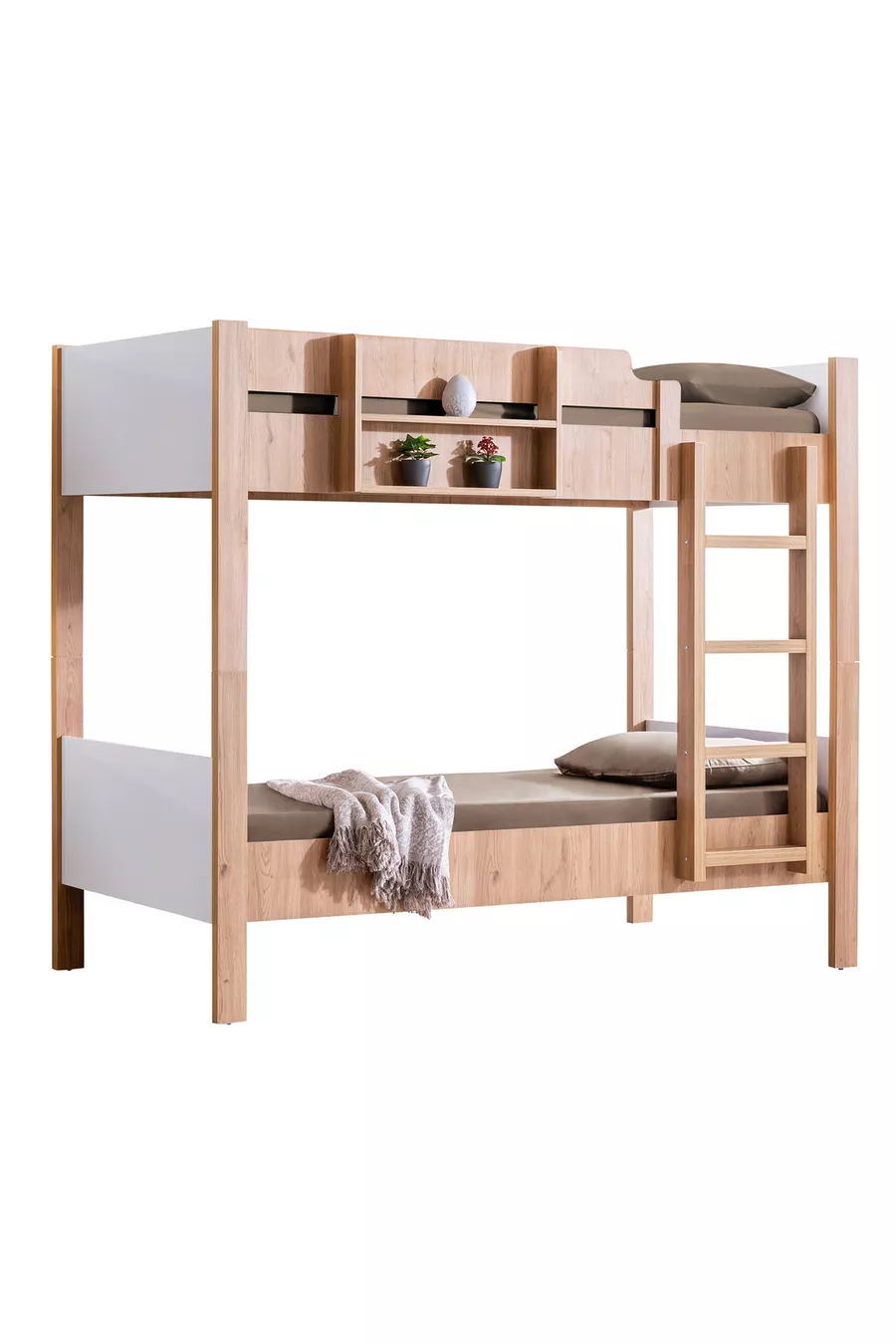 Bunk Bed, Asia Detachable Bunk Bed with Trundle, Walnut - White + 2 Comfort Mattresses