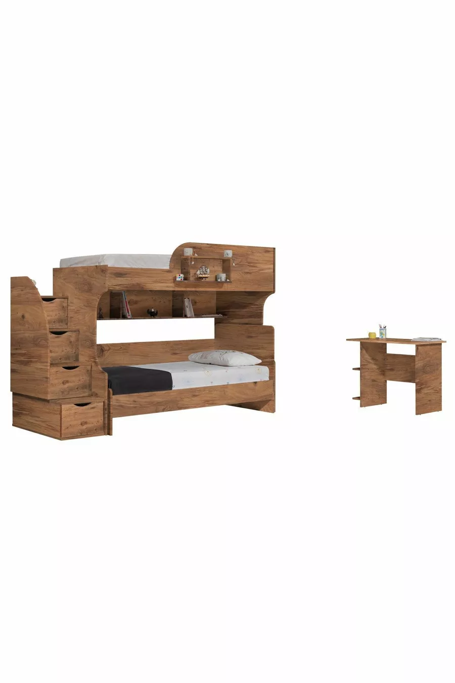 Stapelbed, Aura Stapelbed met Bedbank en 3-Deurs Kast, Donkere Walnoot