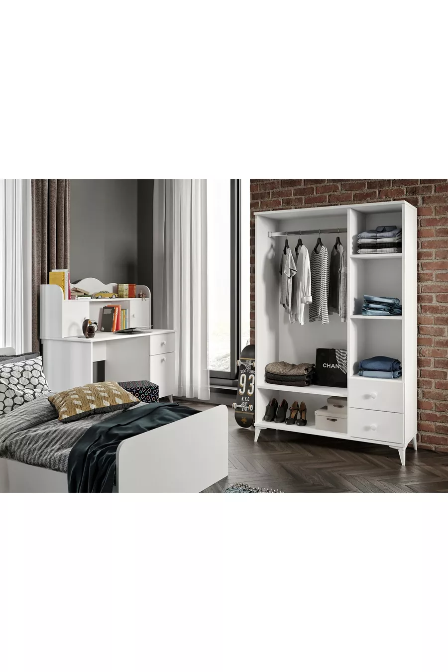 Ensemble chambre d'adolescent moderne Akasya blanc - 4 pièces et entièrement en MDF de première qualité