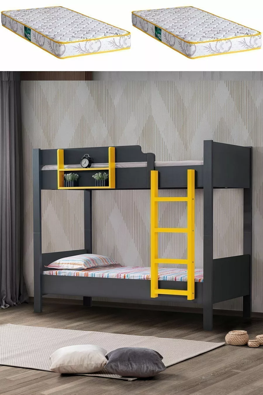 Lit superposé, lit superposé double détachable Asya, anthracite-jaune avec 2 matelas confort
