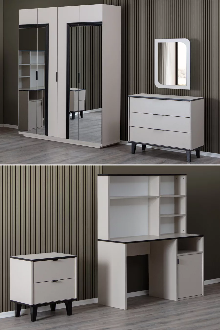 Ensemble de chambre pour jeunes Vegnum - Armoire à 4 portes Vegnum, Bureau Bali, Commode, Table de chevet