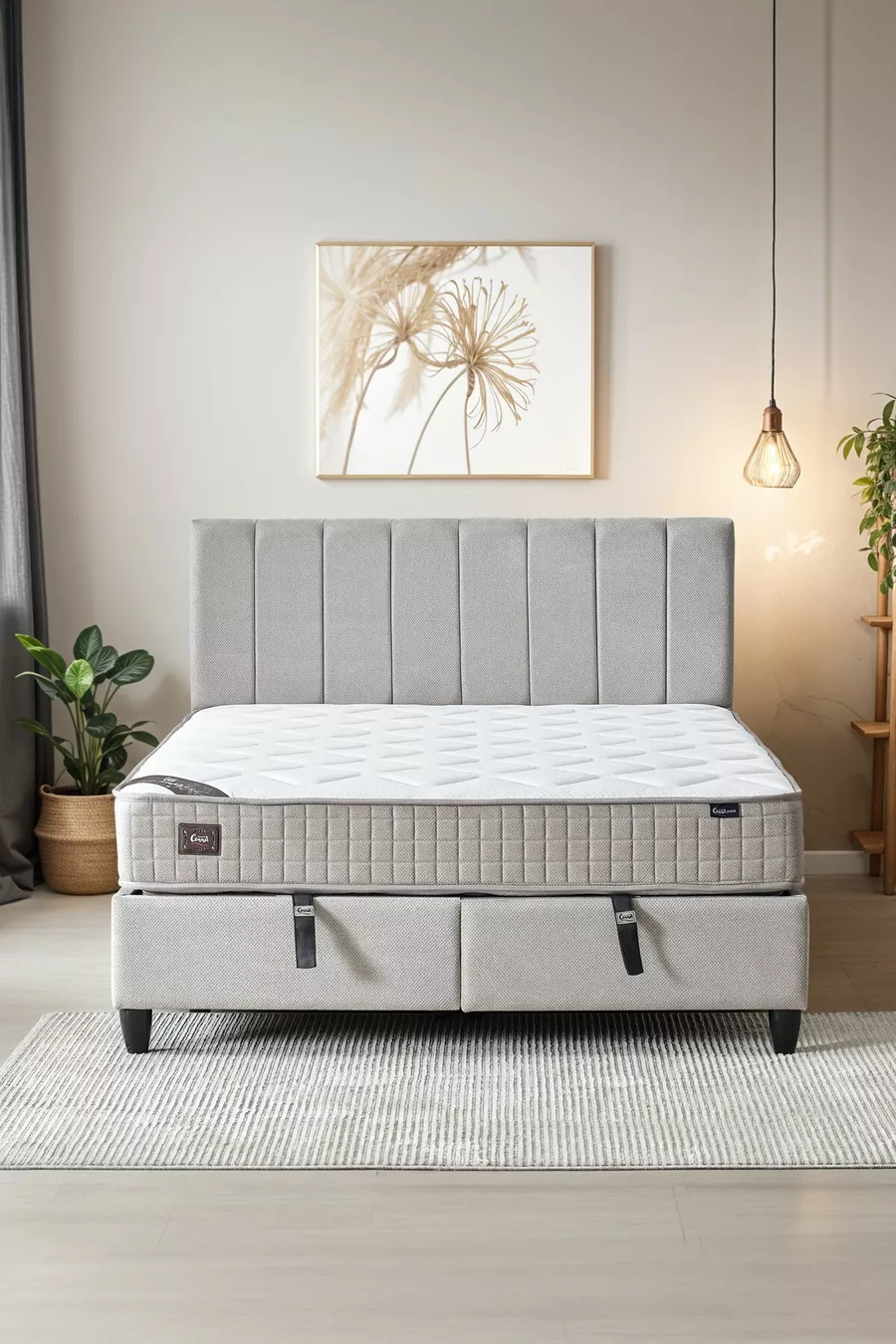 Ensemble 3 pièces Lit double Magnolia entièrement orthopédique antibactérien + Sommier avec coffre + Tête de lit