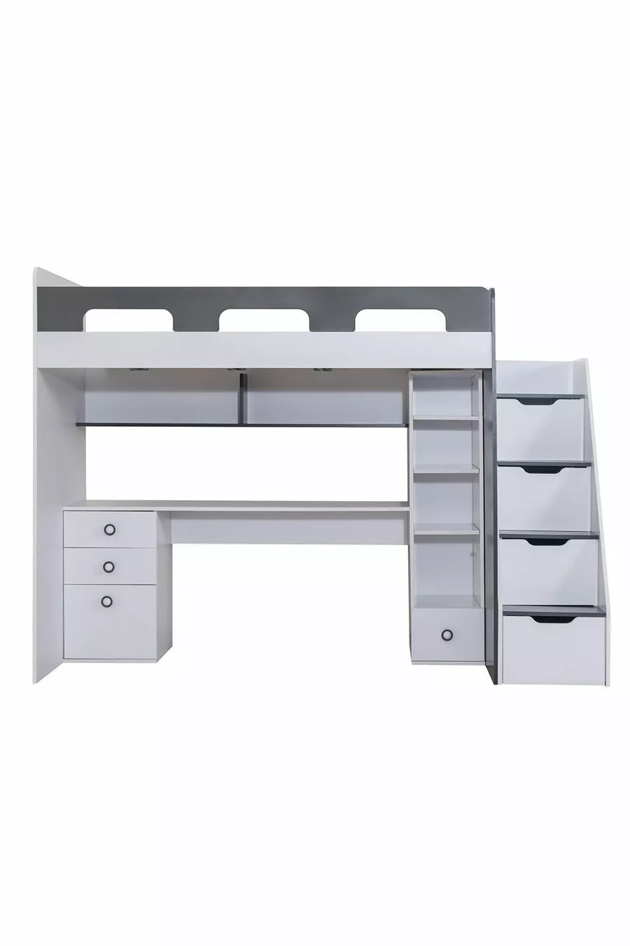 Lit superposé, bureau et bibliothèque Troya - Anthracite, 1 matelas Confort