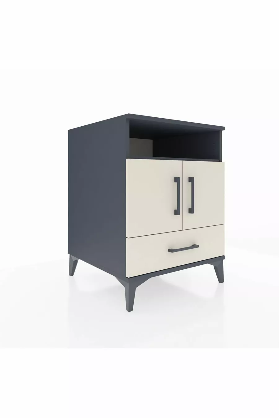 Table de chevet Kronos avec 3 étagères, 1 tiroir et 2 portes, Anthracite-Pierre de lune