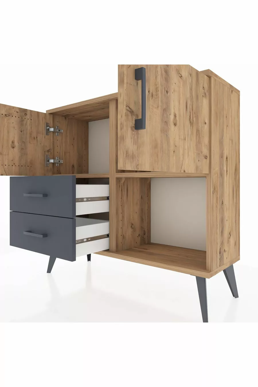 Commode Arges 2 étagères 2 tiroirs 2 portes Pin-Pin/Anthracite