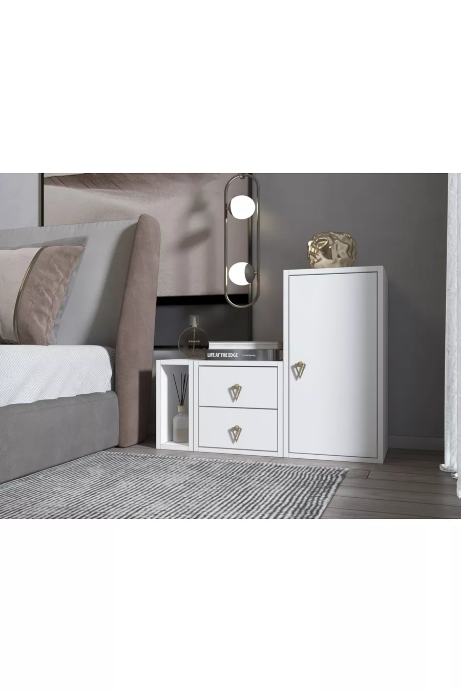 Commode modulaire étroite pour niche avec double tiroir, bloc d'armoire longue à portes, blanche