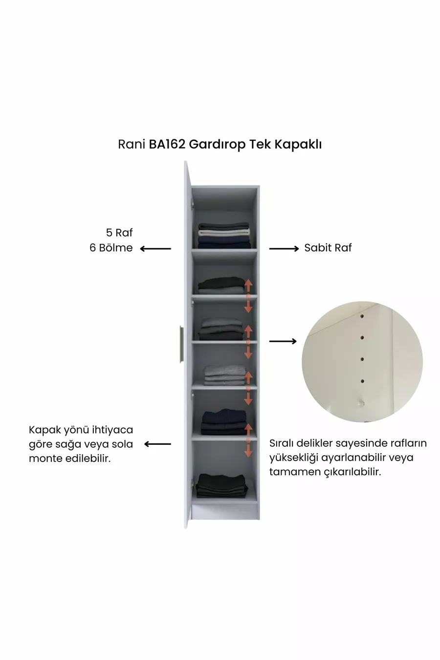 Rani  Kleiderschrank mit einer Tür und 5 Regalen Weiß