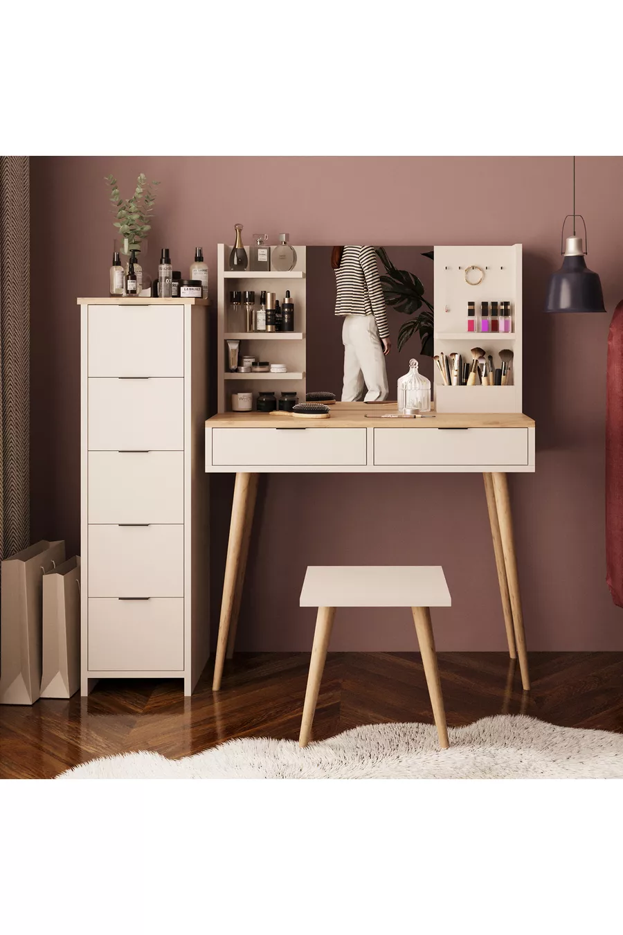 Ensemble de coiffeuse Bella avec tabouret et armoire à 2 tiroirs, couleur sable-panier | Avec miroir et crochets