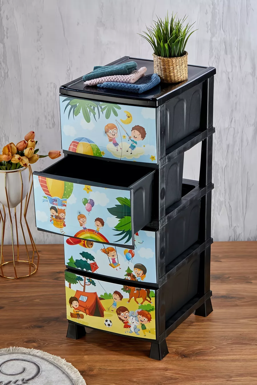 4-Tier Drawer Plastic Nightstand with Children’s Pattern Print Cover - Toy Storage - Toy Basket