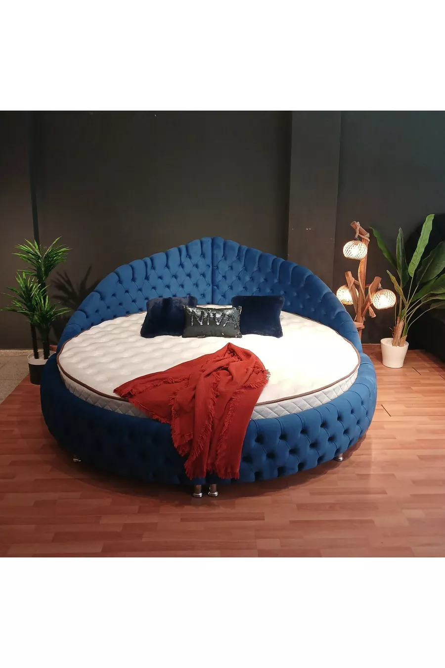 Ensemble Lit Rond avec Tête de Lit et Sommier Bleu
