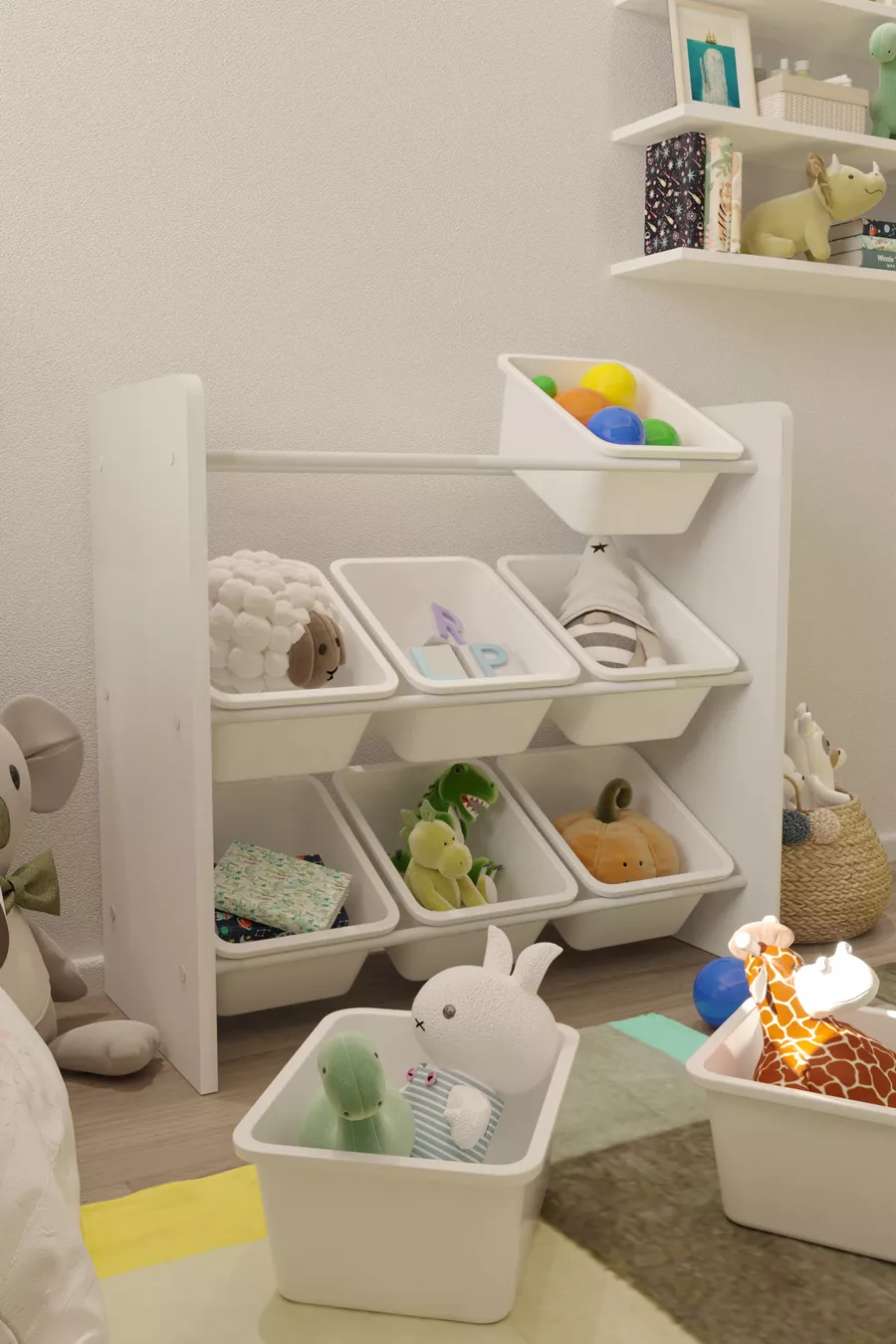 Armoire à jouets avec 9 paniers, adaptée aux enfants, armoire multi-usage, avec paniers blancs