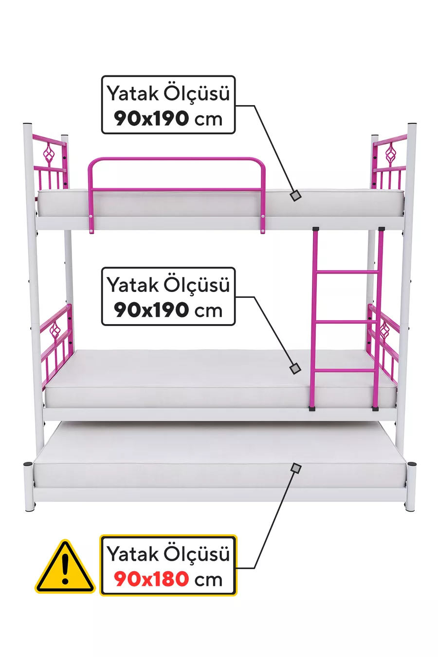 Lit superposé Koza avec tiroir pour 3 personnes Compatible avec lit, lit superposé en métal rose foncé