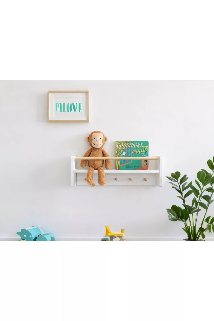 Libreria da parete Montessori con 2 appendini in MDF bianco