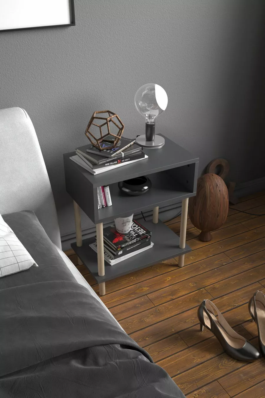 2-Shelf Modern Nightstand Bedroom Bedside Organizer Wooden Leg Side Table - Anthracite