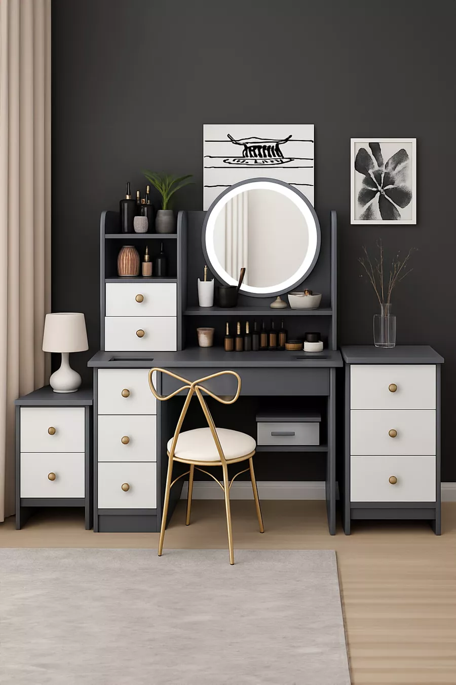 Coiffeuse moderne avec miroir et éclairage LED en MDF de qualité premium de 1ère classe (G)