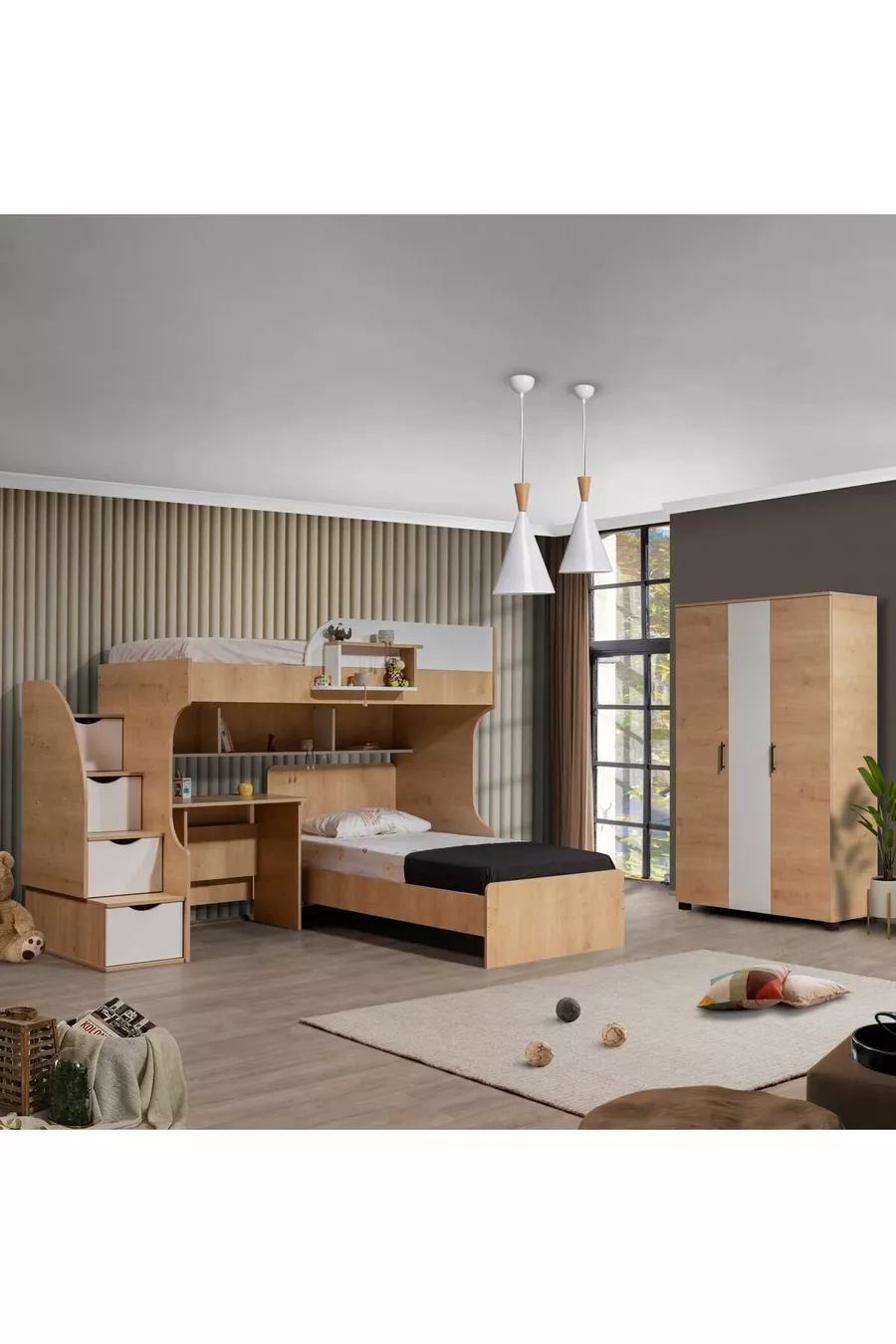 Lit superposé, Lit superposé Aura avec bureau et armoire à 3 portes, Noyer et blanc