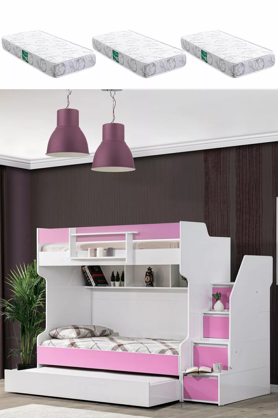 Lits superposés Ranza, courageux avec petit lit - Rose, 3 matelas confort