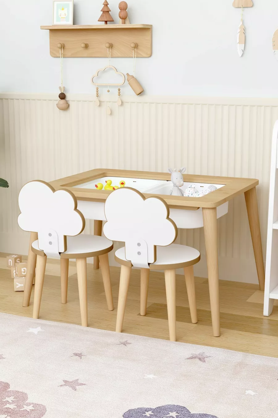 Table d'activité en bois avec 2 chaises, résistante à l'eau pour enfants
