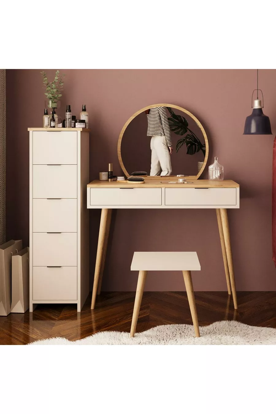 Ensemble de coiffeuse Lucy – Panier en grès | Avec tabouret, miroir, multifonction
