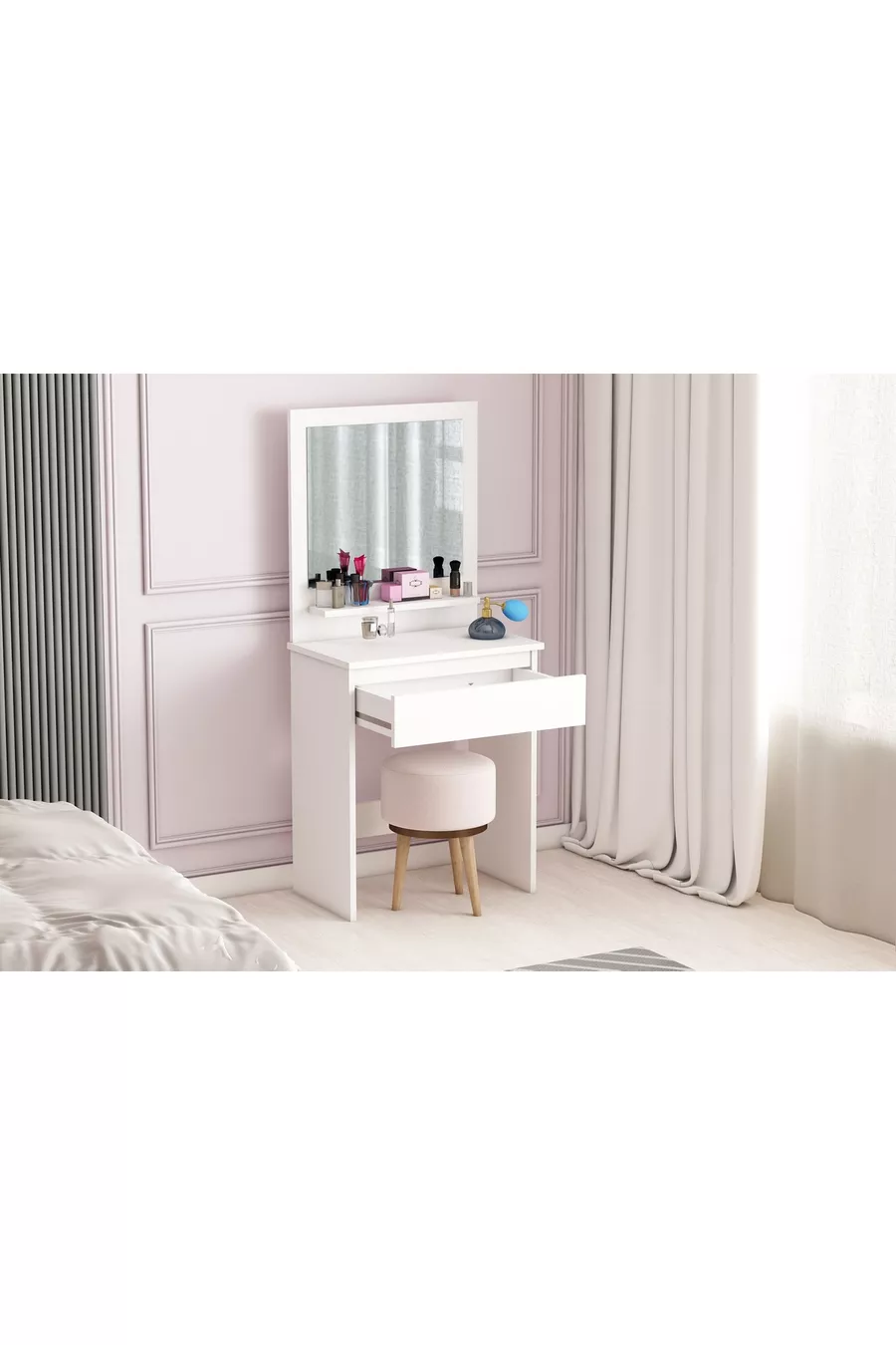 Luna Make-up Tafel, Met Planken, Lade, Spiegel, Wit