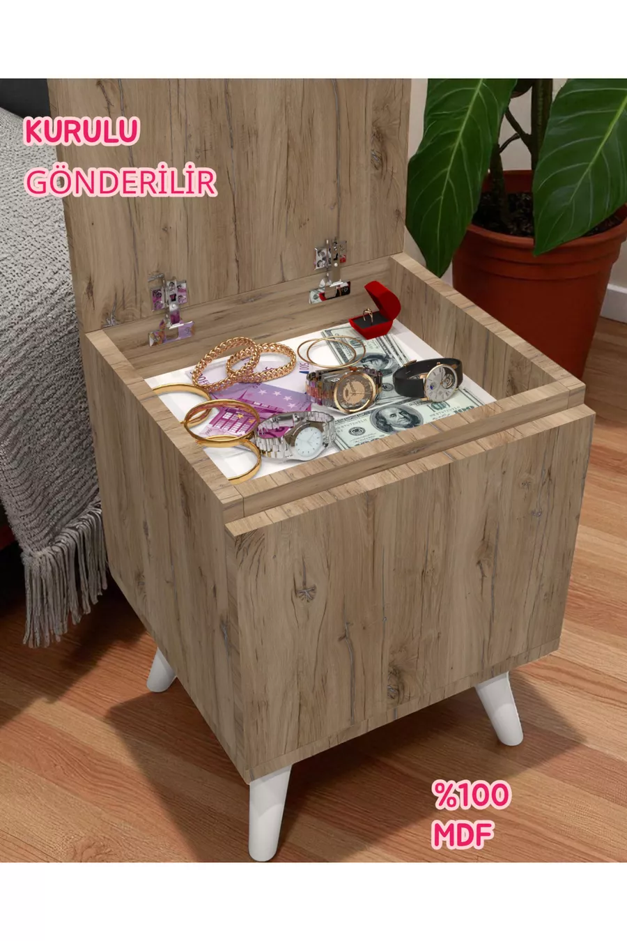 Table de chevet Gimli avec compartiment secret, MDF, assemblé, ne nécessite pas de montage
