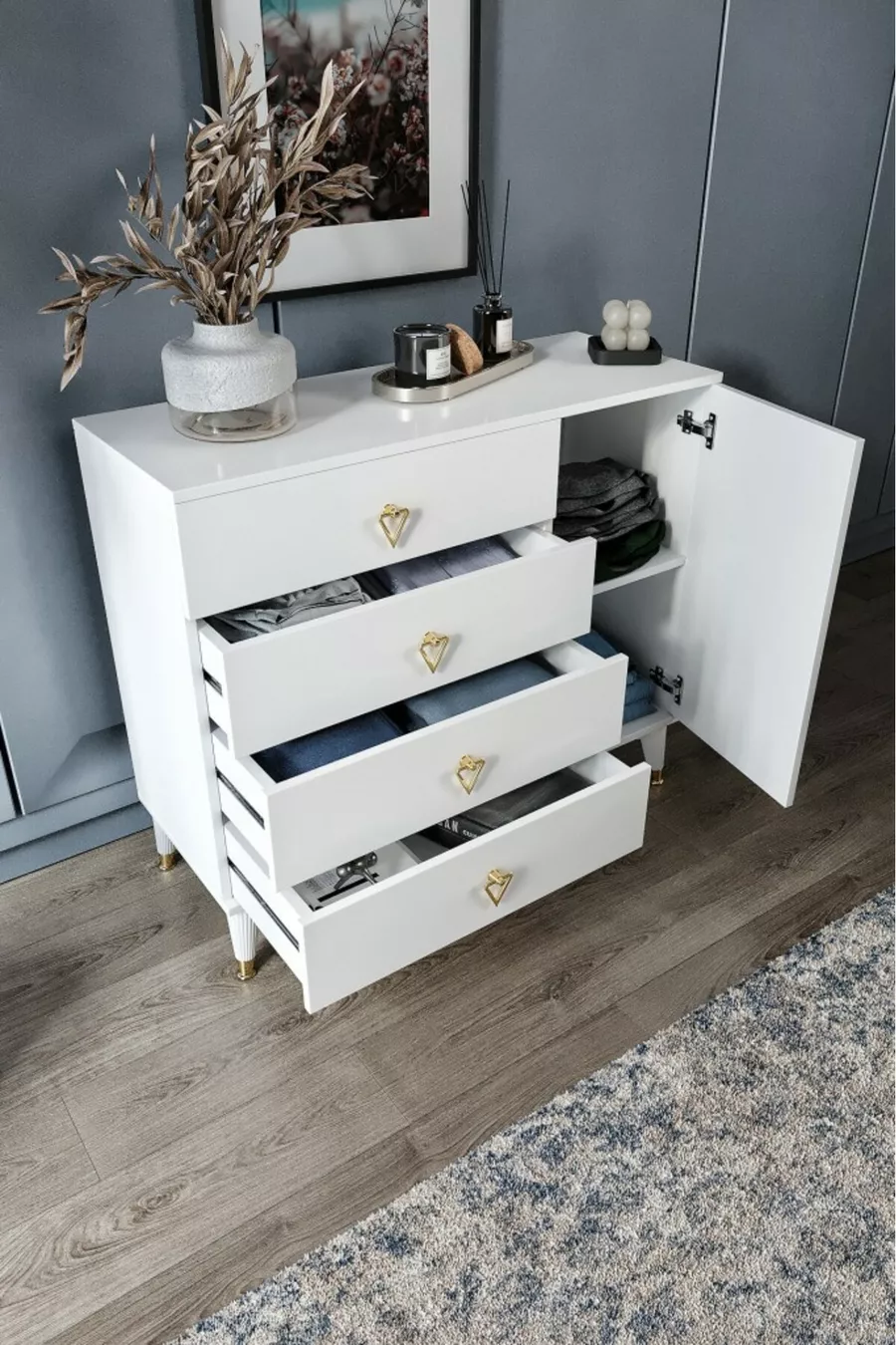 Commode moderne simple avec 4 tiroirs et 1 porte, blanc et doré