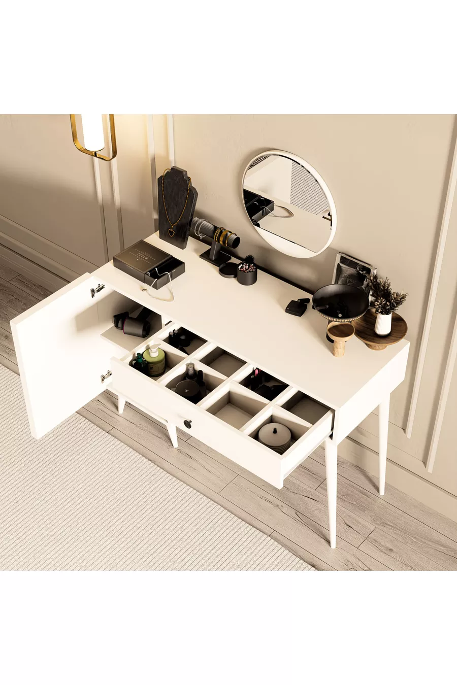 LOVE SPECCHIO (CON GAMBE IN LEGNO) TOILETTE CON CASSETTI E SPORTELLO - CM CON STRUTTURA IN MDF BIANCA