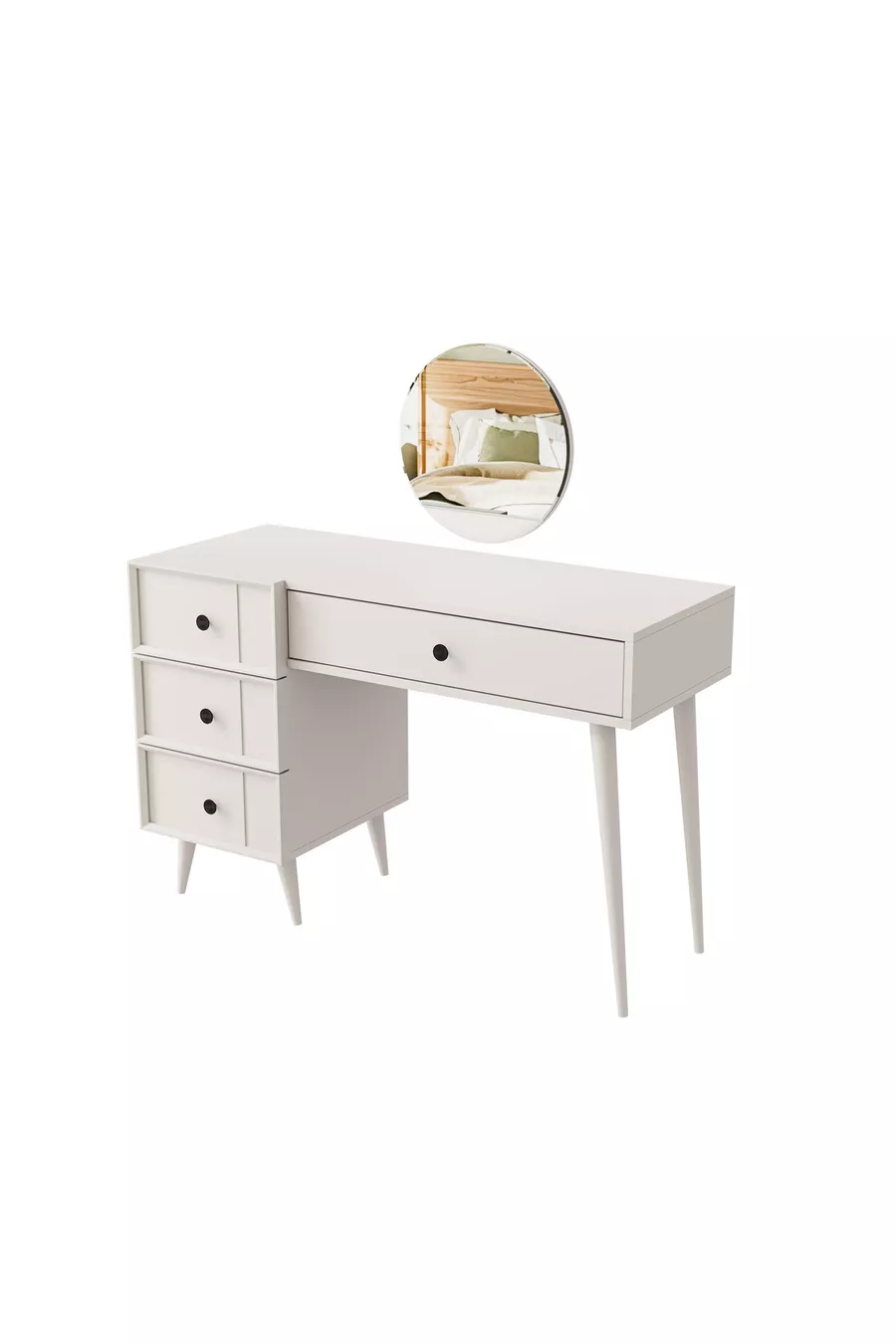 TOELETT ROSE CON SPECCHIO (CON GAMBE IN LEGNO) CON STRUTTURA IN MDF E 4 CASSETTI, COLORE BIANCO