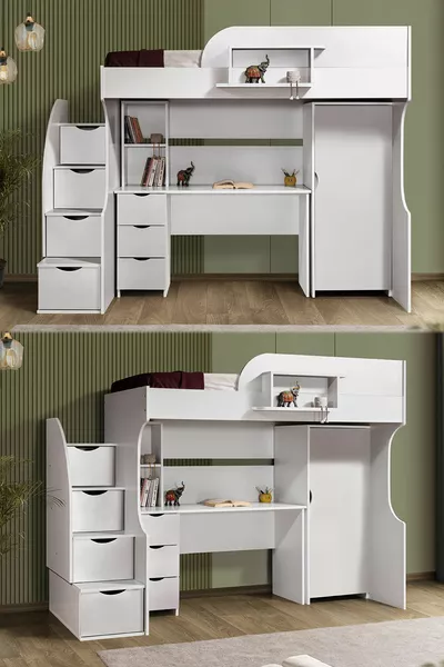 Bunk Bed, Litera Bunk Bed with Wardrobe and Desk, White 1 Piece Comfort Mattress