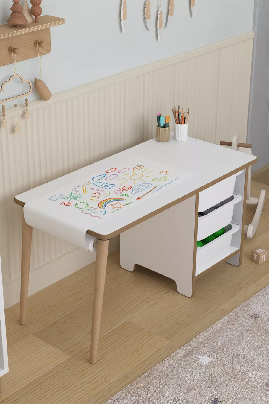 Table d'activités pour enfants à 3 tiroirs avec rouleau de papier pour dessin et chaise lapin