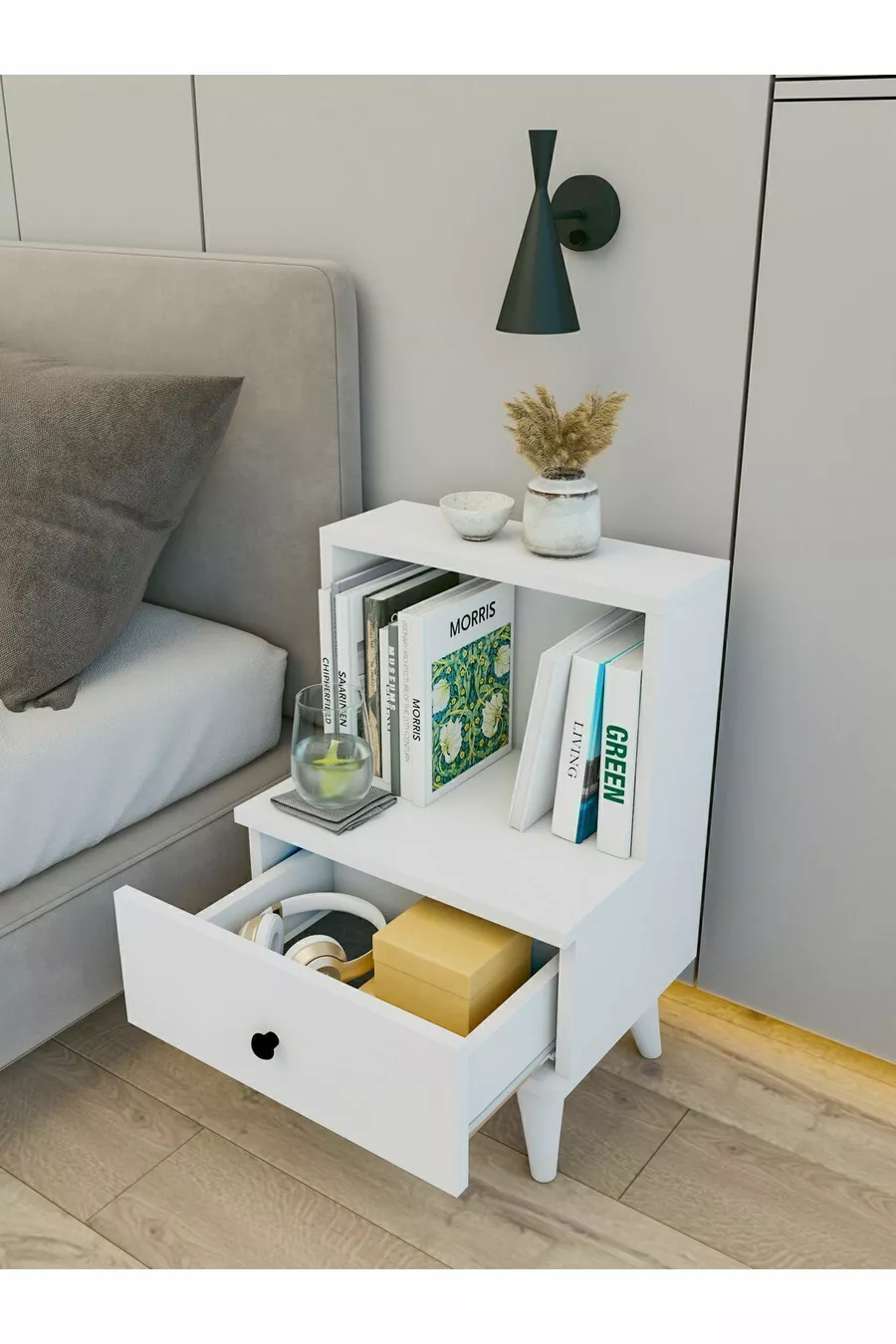 Table de chevet brillante blanche avec tiroirs et étagères pour chambre à coucher