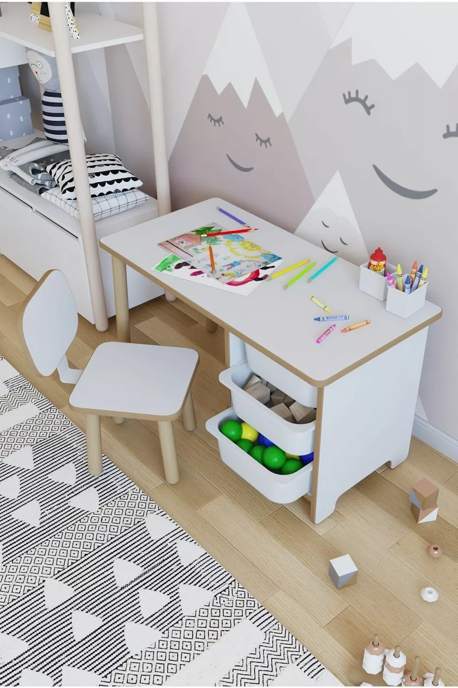 Kids Table and Chair Set Cm 3 with Basket Children’s Study Table Activity Table Write-Erase