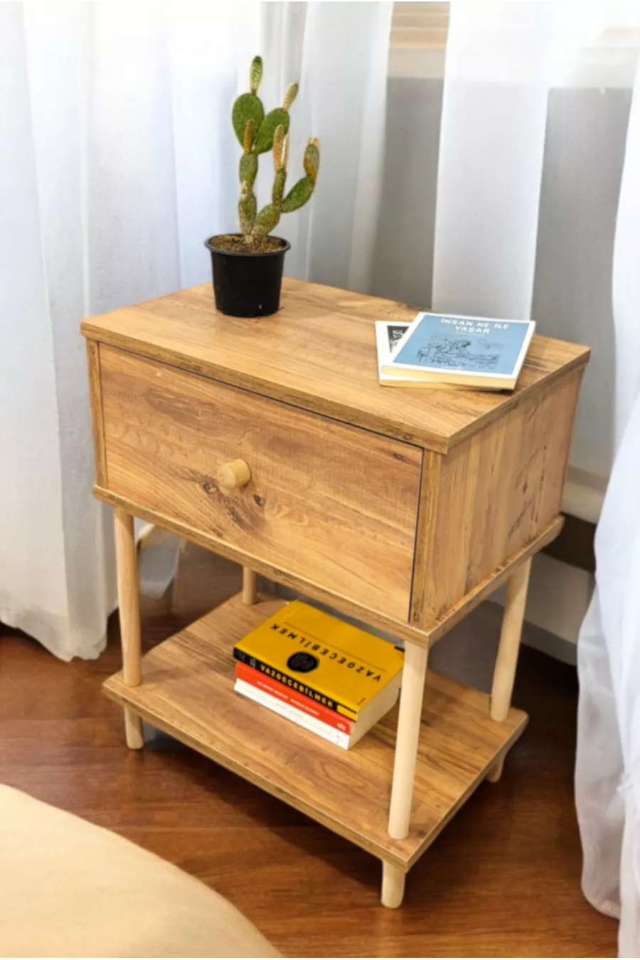 Schuifklep Nachtkastje met Plank Modern Houten Nachtkastje met Poten voor Slaapkamernacht