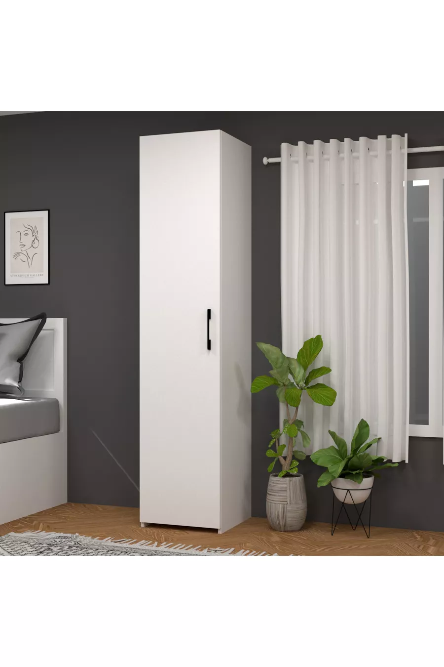 Retro-4 Wardrobe with 3 Shelves, 1 Door, and Straps, White