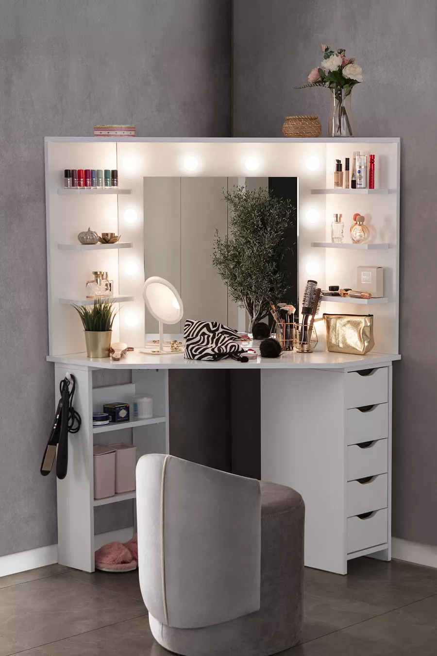 Diva Corner Hollywood LED Lighted Mirror 5-Drawer Makeup Vanity Table
