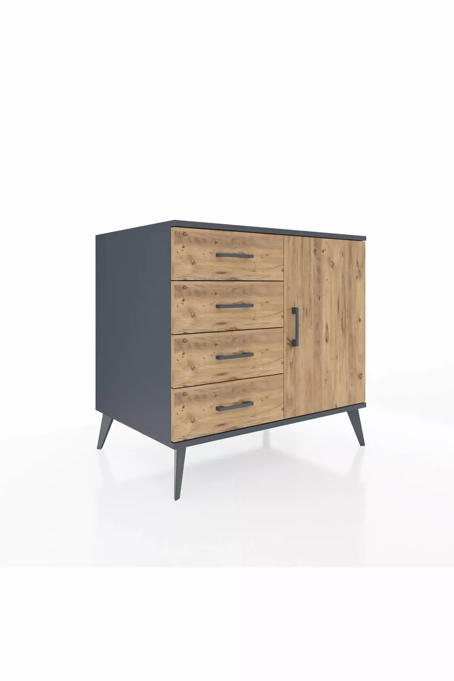 Kronos Commode avec une étagère, 4 tiroirs et une porte, Anthracite-Pin
