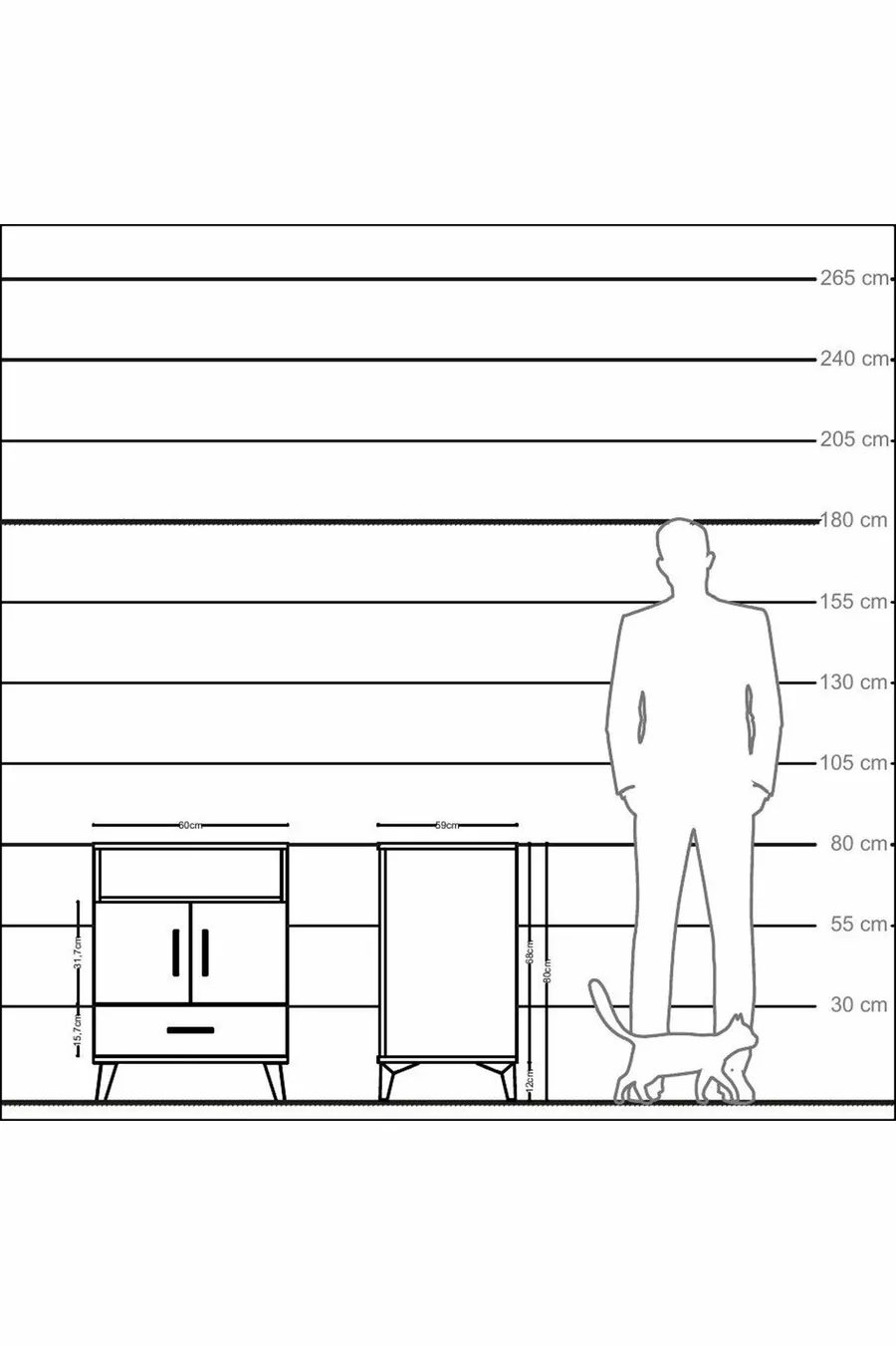 Table de chevet Kronos avec 3 étagères, 1 tiroir et 2 portes, couleur Pierre de Lune