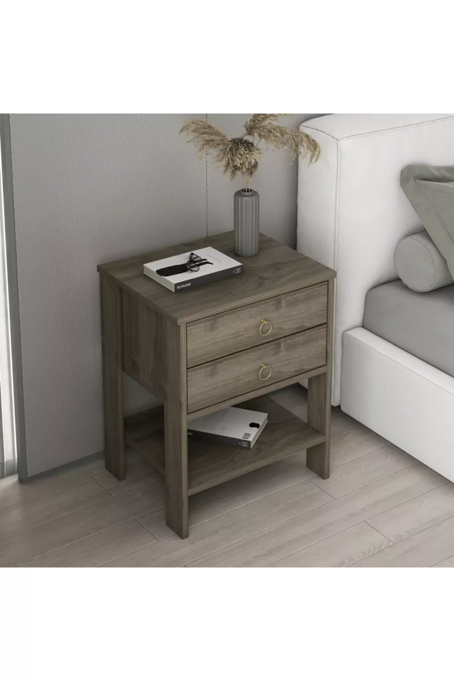 Zen Modern Nachttisch mit 2 Schubladen, Nussbaum